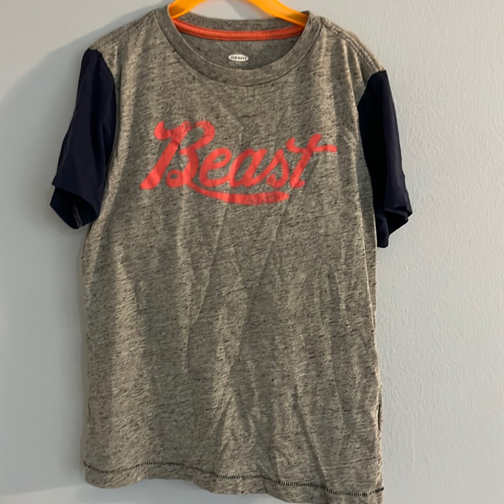 "Beast" Gray Graphic Tee with Navy Sleeves